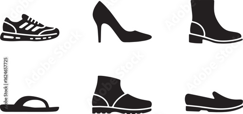 Footwear Icons Set Featuring Sneaker, High Heel, Boot, Flip Flop, Ankle Boot, and Loafer Silhouettes