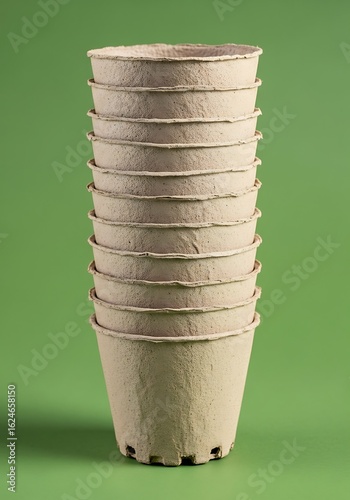 Stack of Empty Eco-friendly Cardboard Plant Pots on Green Background