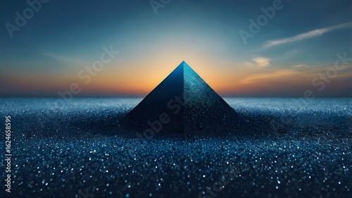 Glowing Blue Pyramid Surrounded by Sparkling Snow at Sunset