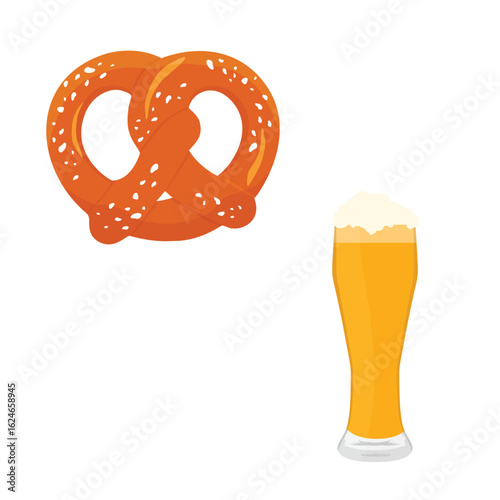 Cold mug of beer with foam and traditional pretzel. Glass of beer