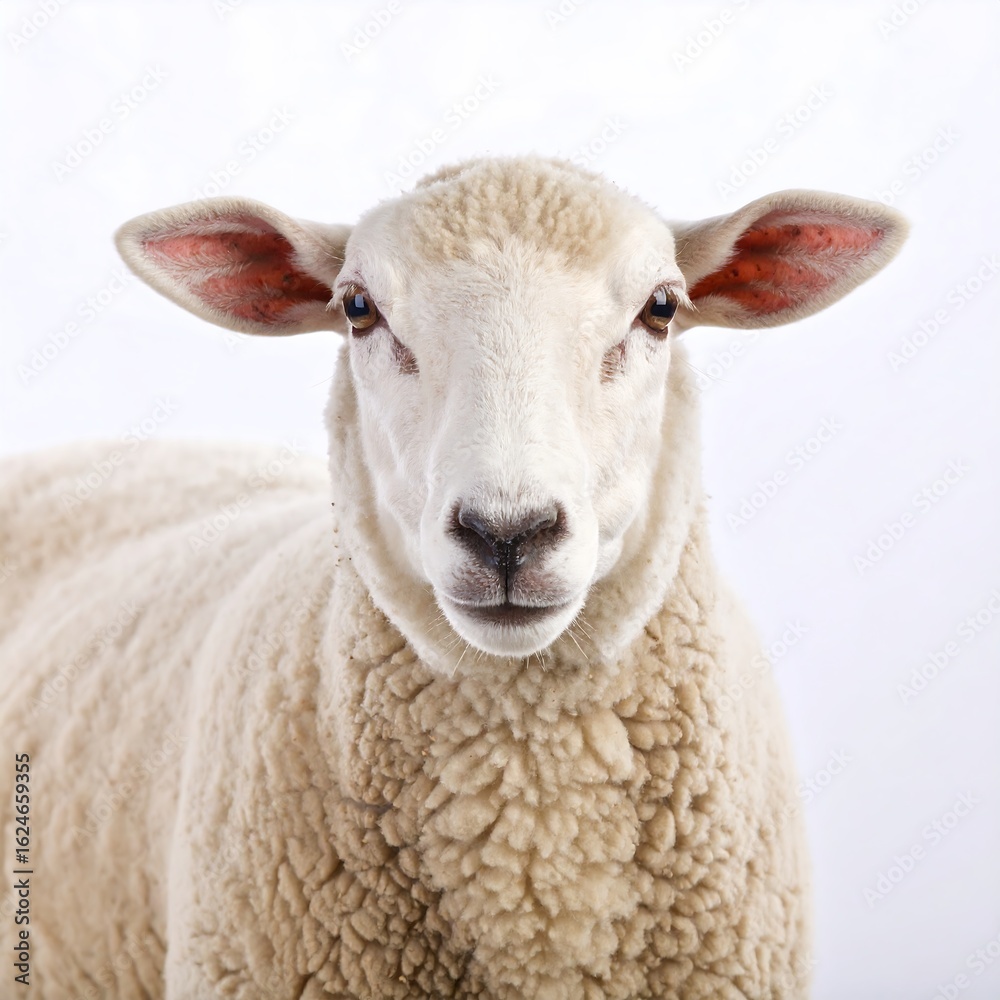 Fototapeta premium Close-up portrait of a fluffy white sheep against a bright background