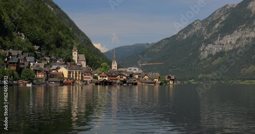 Locked down 4K motion view of Lake Hallstatt in the Austrian mountain region,Hallstatt is a small town in the district of Gmunden,known for production of salt in past history,Hallstatt, Austria,Europe