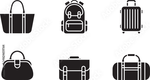 Luggage and Bags Icons Set Tote Backpack Suitcase Handbag Briefcase Duffle Travel Accessories