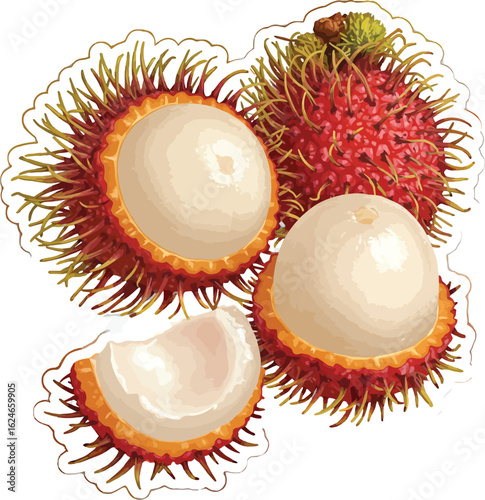 Detailed illustration of rambutan fruits, showcasing a vibrant blend of textures, colors, and tropical freshness in a visually appealing composition