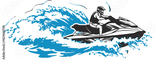 Jet Ski Adventure A Thrilling Water Sport Ride on Waves with a Helmeted Rider for Summer Fun and Recreation on the Sea