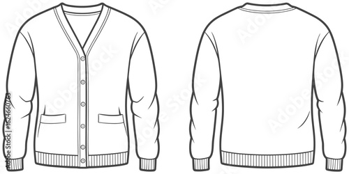 Flat vector technical illustration of men's cardigan front and back view, button up closure, V-neck, ribbed cuffs, fashion design