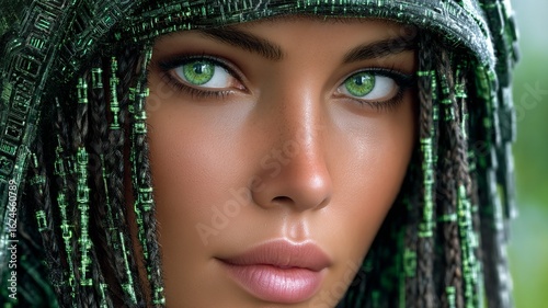 Close up portrait of a woman with striking green eyes and braided hair adorned with glowing green technological elements