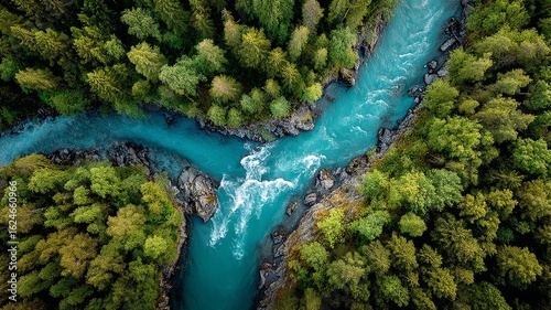 Vibrant turquoise river flowing through lush green dense forest canopy seen from above
