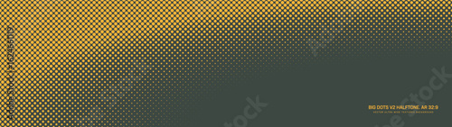 Big dots grid halftone patterned elliptical border ultra wide 32:9 aspect ratio vector yellow green abstract background. Half tone textured panoramic ultrawide format retro styled graphic abstraction
