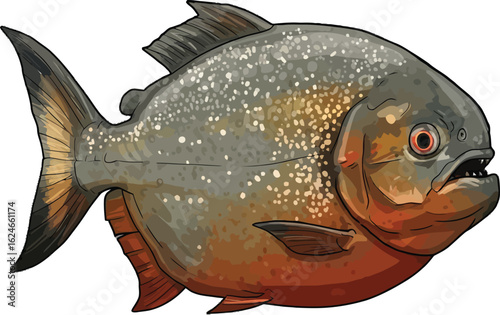 Detailed piranha illustration showcasing its sharp teeth, distinctive red belly, and speckled gray body against a white background