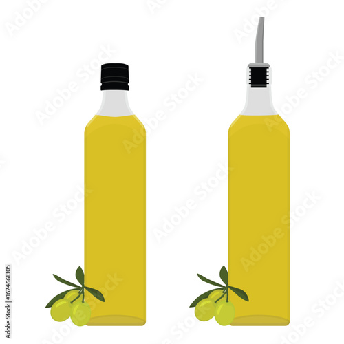 Bottle of fresh olive oil and olives with leaves on white background