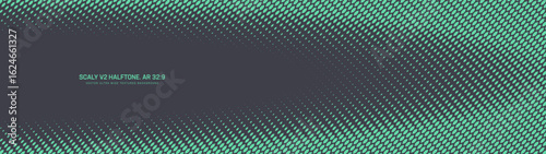 Tilted scaly grid halftone pattern elliptical border ultra wide 32:9 aspect ratio vector mint green abstract background. Half tone graphics ultrawide format retro futuristic cyberpunk abstraction