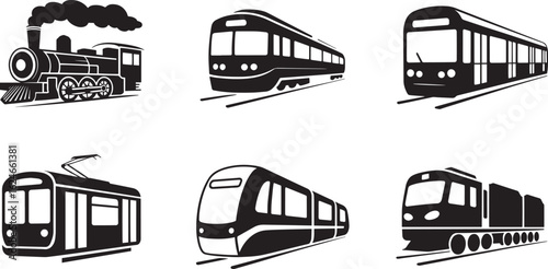 Monochrome Train Collection Vector Illustration Diverse Rail Transport Icons on Transparent Backdrop