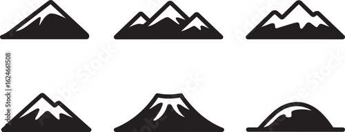 Mountain Icons Set Featuring Peak, Summit, Volcano, and Hill Silhouettes for Outdoor Adventure