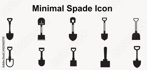 Minimalist Spade Icon Set: Various style spade symbols suitable for gardening, construction, digging, and agricultural tasks.