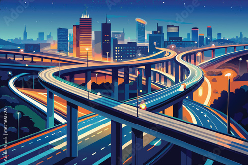 Night urban traffic on a city street, with car light trails illuminating the busy downtown skyline at dusk