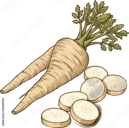 Parsnip Vegetable Still Life Illustration Featuring Root Vegetables, Sliced Parsnips, and Green Leaves in a Detailed Drawing Style