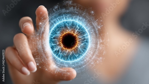 Human finger touching a futuristic digital eye interface with glowing blue circuits and vibrant orange details