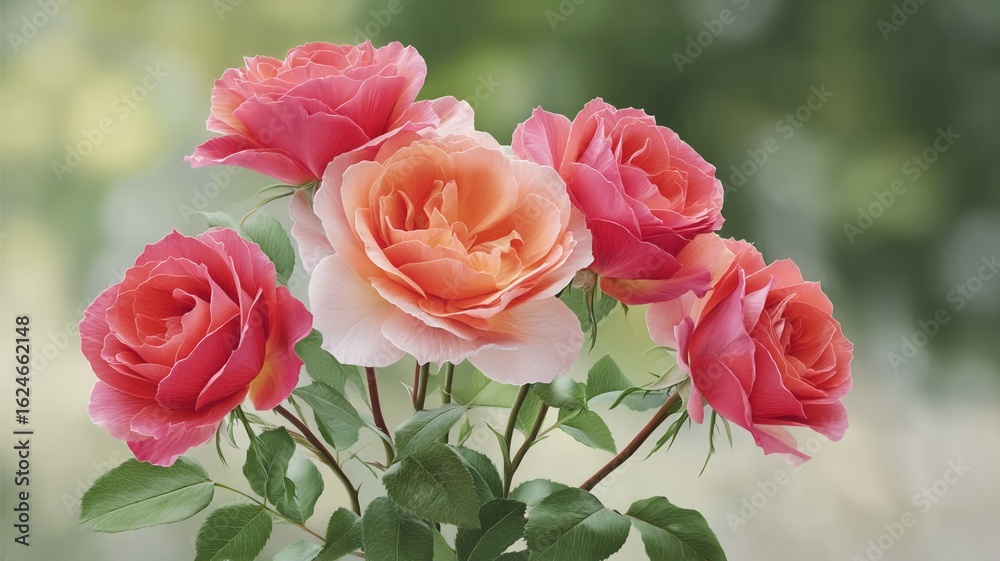 Fototapeta premium A bouquet of six lush pink and peach roses with green leaves on a blurred background