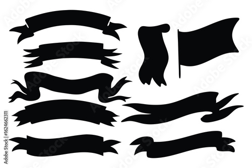  Black banner, ribbon silhouettes set Vector illustration on white background.