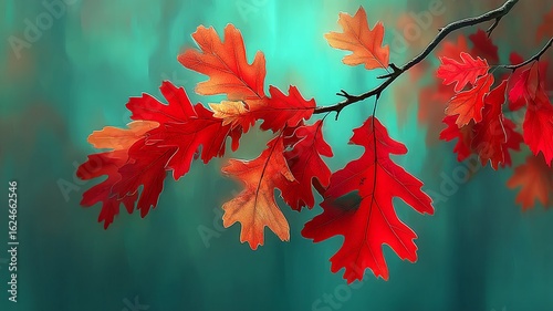 Red and orange oak leaves on a branch against a soft teal background Autumn