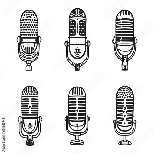 elegant retro condenser microphone outline vector artwork.eps
