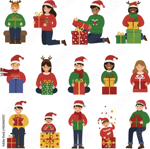 Diverse group of people celebrating Christmas with gifts, wearing festive sweaters and Santa hats, sharing joy and holiday spirit