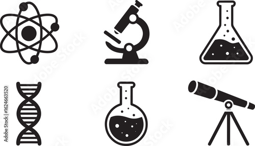 Science and Research Icons Set Atom Microscope Flask DNA Telescope Black Silhouette on Transparent Background