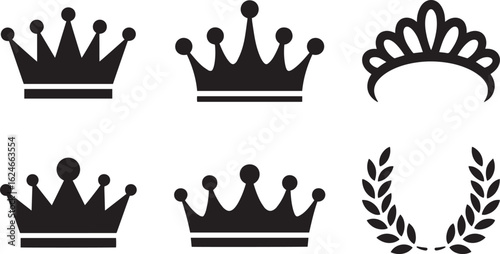Royal Crown Icons Set Vector Illustration: King, Queen, Princess, Laurel Wreath, Tiara, Heraldic