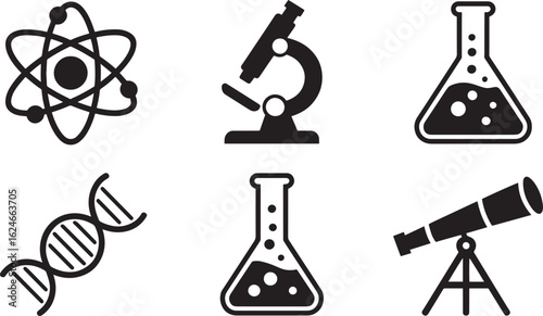 Scientific Discovery Black Silhouette Icons Set Atom Microscope Flask DNA Telescope on Transparent