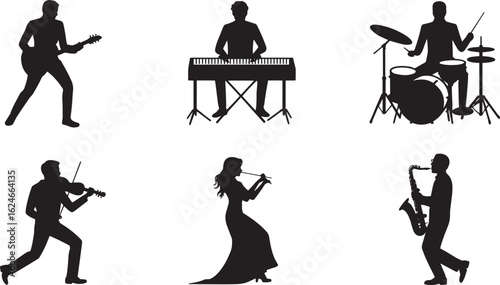 Silhouette Musicians Performing with Instruments on Transparent Background for Creative Projects