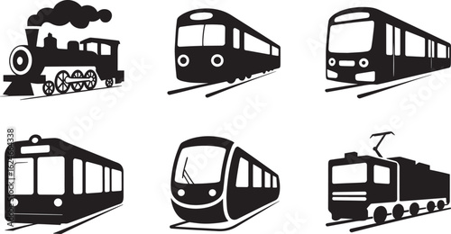 Silhouette Train Collection Vector Illustration Set Depicting Various Locomotive Styles and Transportation Methods on Transparent Background