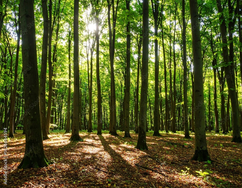 Obraz premium Sunlight filters through a dense forest