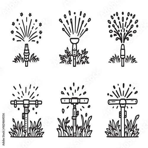 garden sprinkler system watering plants line art vector.eps