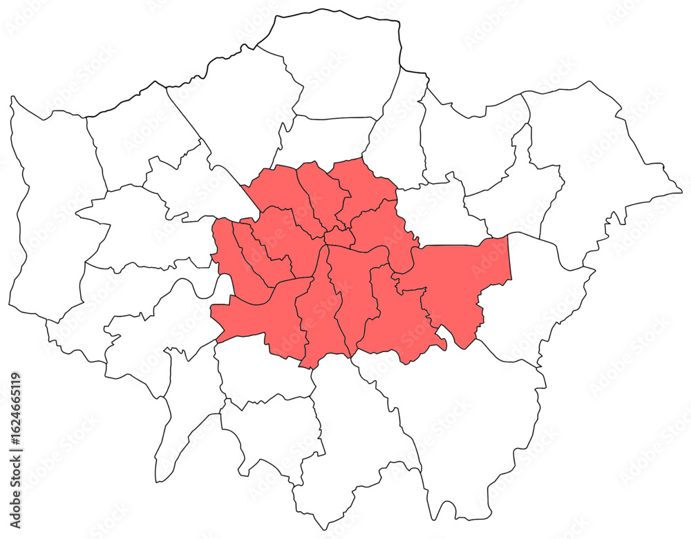 Naklejka premium Map of London highlighting the Inner Boroughs. Ideal for urban planning, demographic studies, or projects focusing on the city's central area