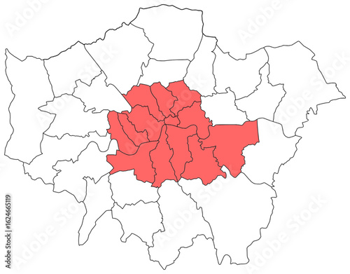Map of London highlighting the Inner Boroughs. Ideal for urban planning, demographic studies, or projects focusing on the city's central area