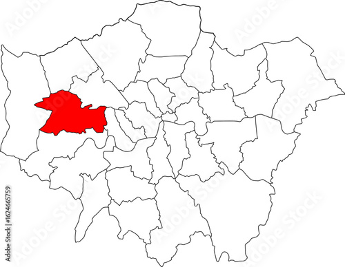 Map of London highlighting the Ealing borough. Ideal for local government, travel resources, and geographic information focusing on the area
