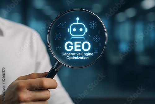 GEO – Generative Engine Optimization concept with businessmen using agentic AI and digital assistants to boost search engine rankings through artificial intelligence and internet data technology
