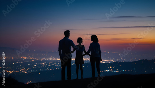 Family in silhouette enjoys city lights from rooftop as dusk fades into night with glowing skyline
