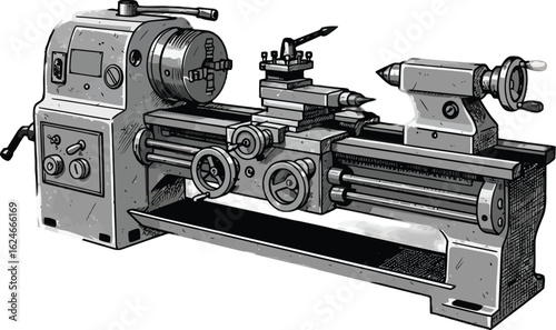 Detailed illustration of a vintage metal lathe machine used for shaping materials with precision and control in manufacturing