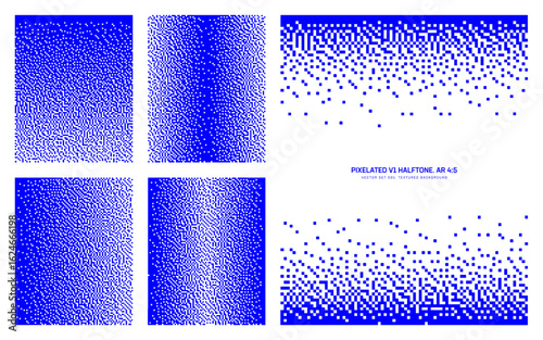 Assorted vector retro styled pixel art blue white halftone pattern set in vertical 4:5 aspect ratio including faded frame and various textures. Varied half tone 8 bit graphical design elements bundle