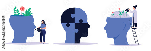 Mental health care and personal growth concept. Nurturing brain health and mental growth, mental health concept. Brain puzzle and problem-solving concept set of vector illustration.