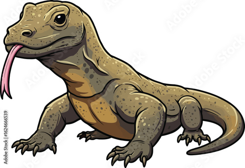 Cartoon Komodo Dragon Illustration with Tongue Out, Detailed Scales, and Bold Outlines for Children's Education, Wildlife Art