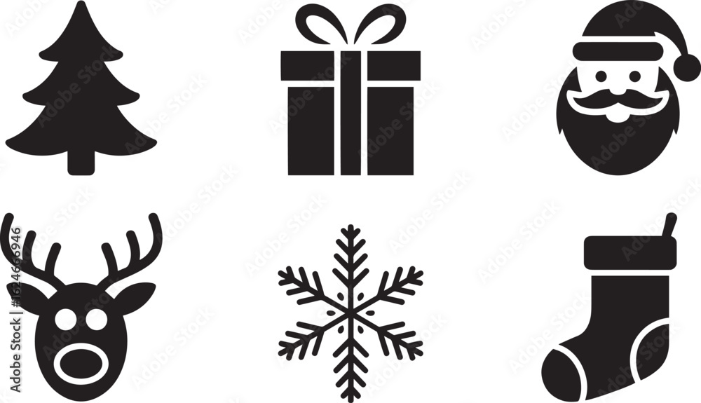 Fototapeta premium Winter Holiday Symbols Collection Tree Gift Santa Reindeer Snowflake Stocking Black Silhouette Vector