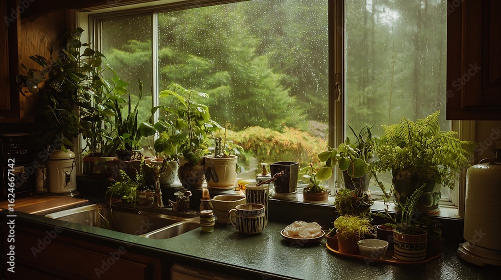 Fototapeta premium Rainy day kitchen plants window view.