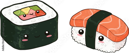 Two adorable sushi characters, a maki roll and a salmon nigiri, with cute faces on a white background for food illustration