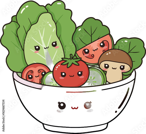 Adorable salad bowl illustration featuring cute lettuce, tomatoes, cucumbers, and mushrooms with kawaii faces