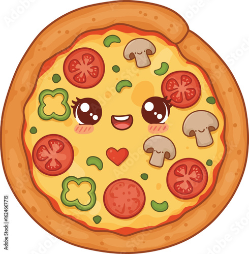 Kawaii pizza illustration with smiling face, big eyes, and heart, featuring cartoonish toppings in a cute style, perfect for kids and food lovers