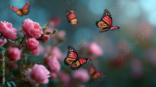 A group of butterflies soaring above blooming roses