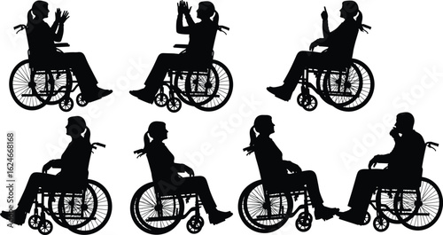 Wheelchair users, silhouette figures, inclusive gestures, communication, accessibility, diversity, mobility, empowerment, healthcare, support, disability, independence, lifestyle